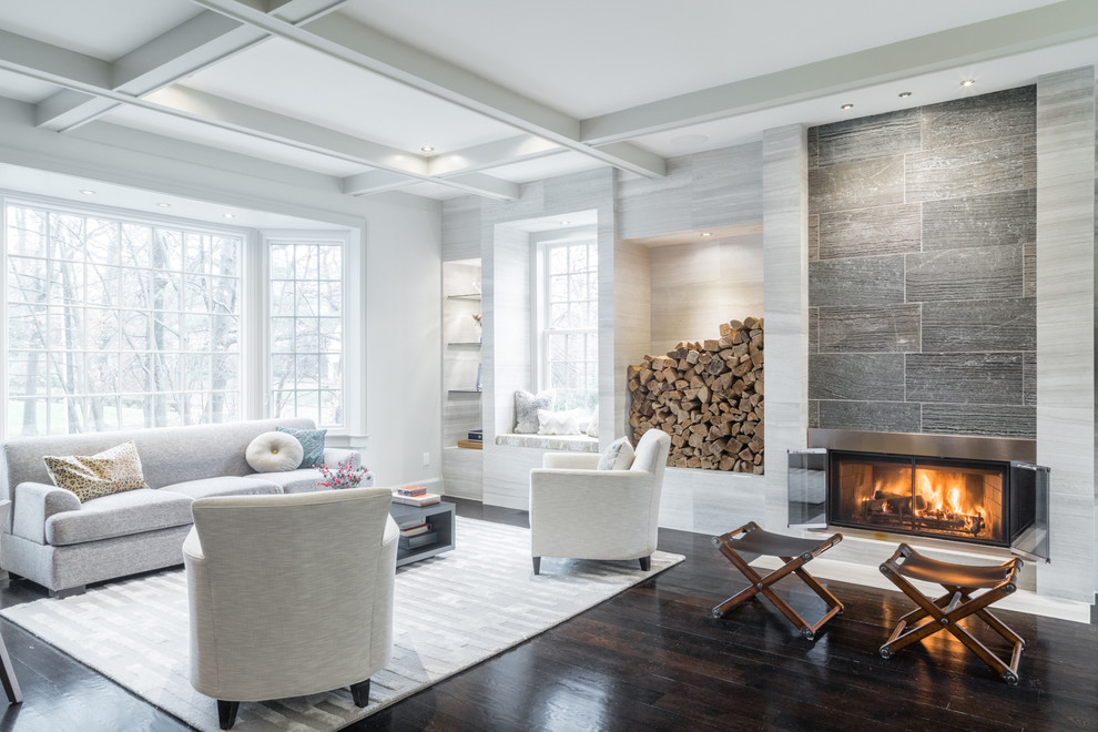 Living Room with Limestone Walls and Textured Stone Fireplace