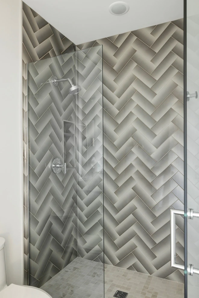 Modern Gray Herringbone Shower Tile Design