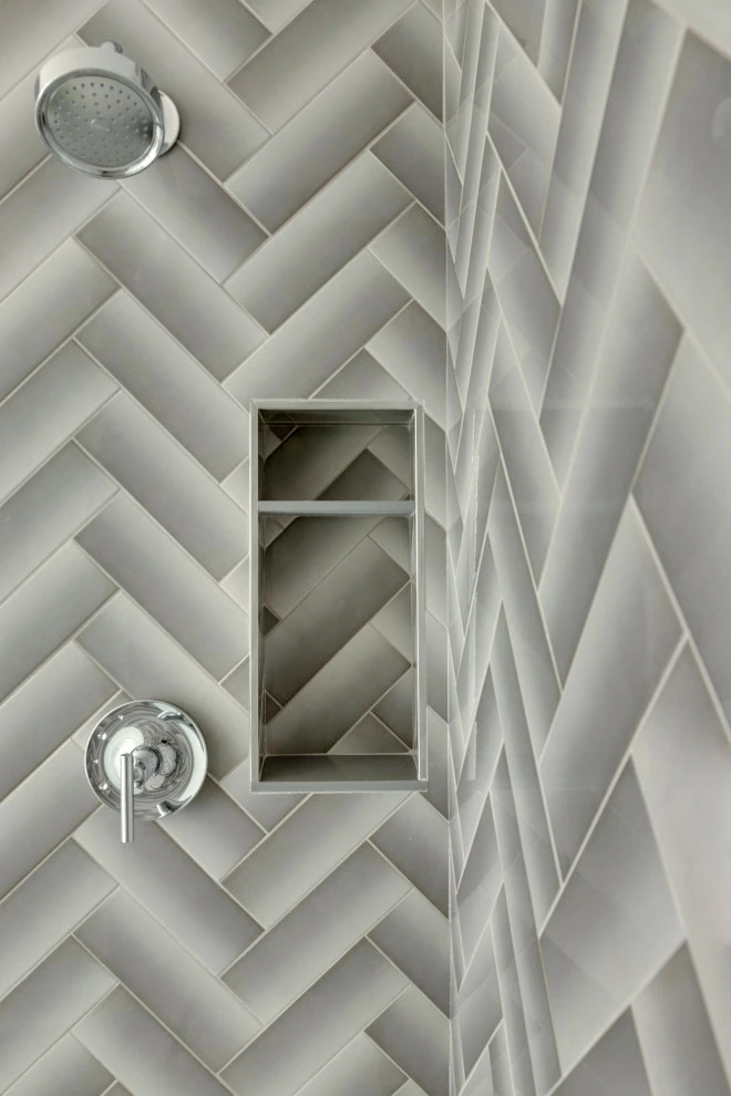 Modern Gray Herringbone Shower Tile Design
