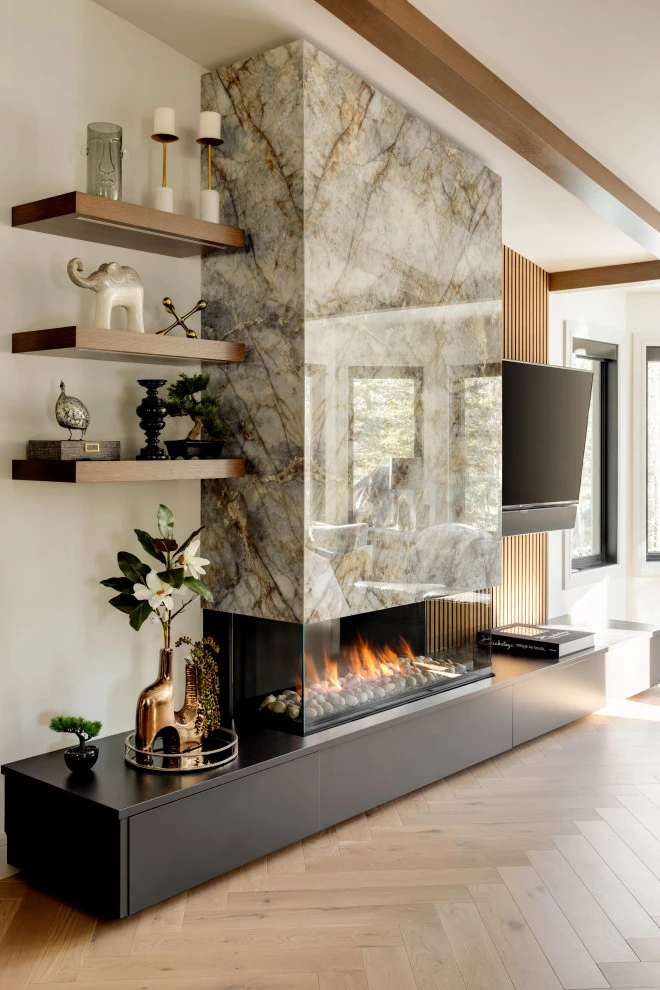 Modern Marble Fireplace with Gold Veining