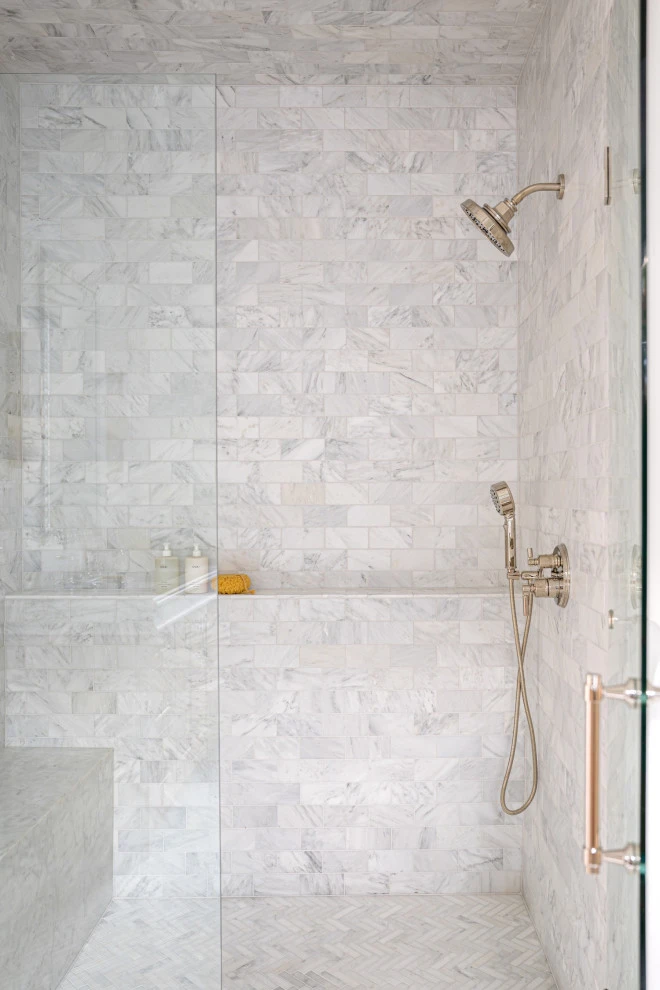 Modern Marble Shower with Herringbone Pattern