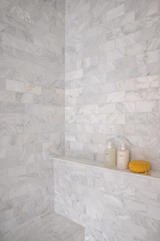 Modern Marble Shower with Herringbone Pattern