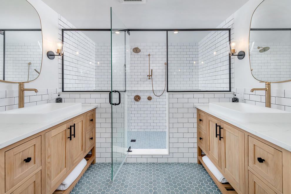 Modern Blue & White Transitional Bath