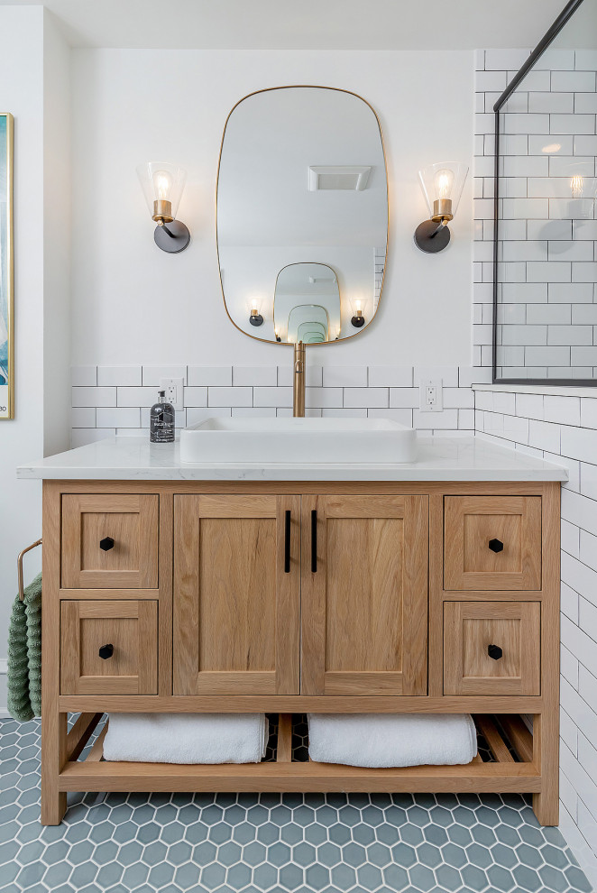 Modern Blue & White Transitional Bath